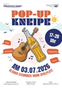 Am 03.07.2026 lädt die Bornimer Pop-Up-Kneipe wieder zu einem entspannten Sommerabend unter freiem Himmel ein. Bei Musik, Getränken und guter Atmosphäre bietet sich die Gelegenheit, Nachbarinnen und Nachbarn kennenzulernen, ins Gespräch zu kommen und gemeinsam Zeit zu verbringen.