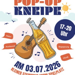 Am 03.07.2026 lädt die Bornimer Pop-Up-Kneipe wieder zu einem entspannten Sommerabend unter freiem Himmel ein. Bei Musik, Getränken und guter Atmosphäre bietet sich die Gelegenheit, Nachbarinnen und Nachbarn kennenzulernen, ins Gespräch zu kommen und gemeinsam Zeit zu verbringen.